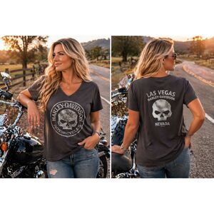 Harley Davidson Glitter Skull Tee XL Las Vegas Nevada V Neck Graphic Shirt #9